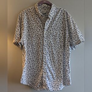 Men's White and Blue Aquatic Patterned Shirt